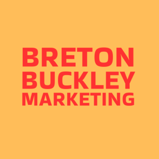 Bold red text logo for Breton Buckley Marketing on orange background.
