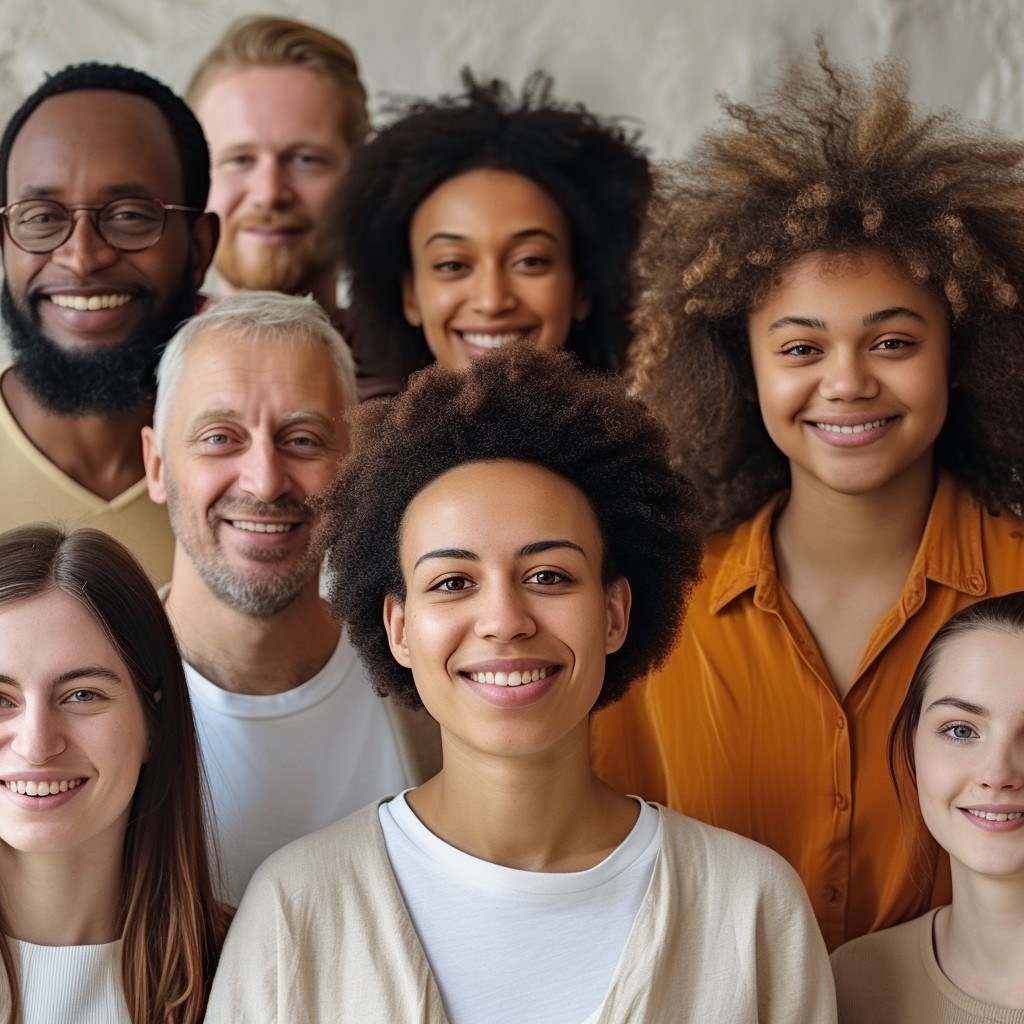 A diverse group of smiling people posing together indoors.
