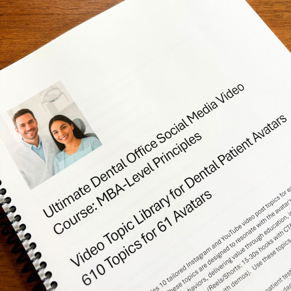 Printed document titled 'Ultimate Dental Office Social Media Video Course' on a wooden table.